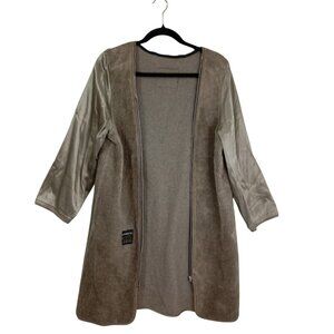 London Fog Maincoat 14R  Womens Tan Faux Fur Open Front With Satin Sleeves